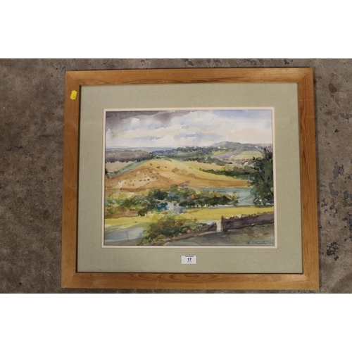 17 - A FRAMED AND GLAZED WATERCOLOUR OF A HILLSIDE VIEW BY BARBARA STEWART - H 35.5 CM W 43.5 CM