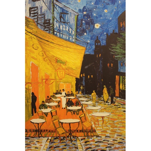 18 - A LARGE CANVAS PRINT OF AN IMPRESSIONIST PAINTING OF A STREET CAFE SCENE - H 125 CM W 76.5 CM