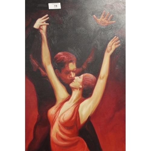 19 - A CANVAS PICTURE OF TWO DANCERS - H 92 CM W 60.5 CM