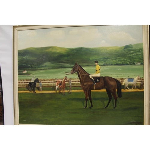 2 - A LARGE FRAMED OIL ON CANVAS PORTRAIT OF THE RACEHORSE ARKLE - H 70 CM W 90 CM