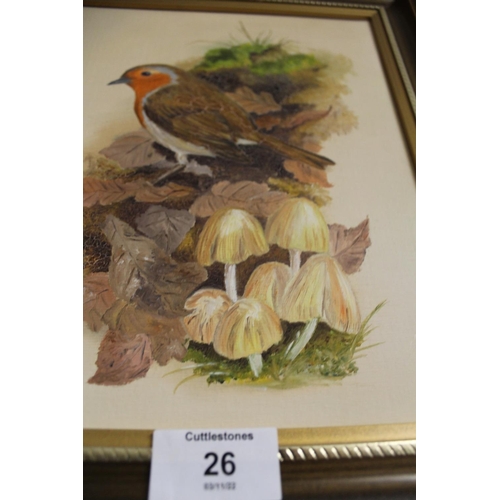 26 - A SMALL FRAMED OIL ON CANVAS OF A ROBIN SIGNED A FREEMAN LOWER LEFT - H 24 CM W 19.5 CM, AN OIL ON C... 