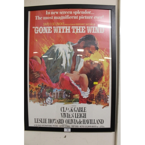 32 - A VINTAGE FRAMED FILM POSTER FOR 'GONE WITH THE WIND' - H 69 W 49 CM