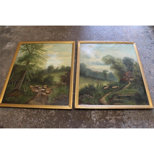 33 - A PAIR OF OIL ON CANVAS FEATURING SHEEP IN A RURAL SETTING SIGNED CEDRIC GRAY LOWER RIGHT  - H 77 CM... 