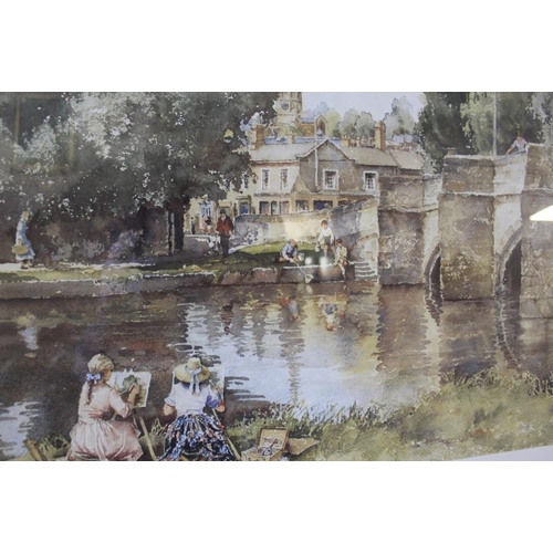 34 - A LARGE GILT FRAMED AND GLAZED SIGNED GILL STURGEON PRINT ENTITLED 'BY THE WYE, BAKEWELL' - H 52 CM ... 