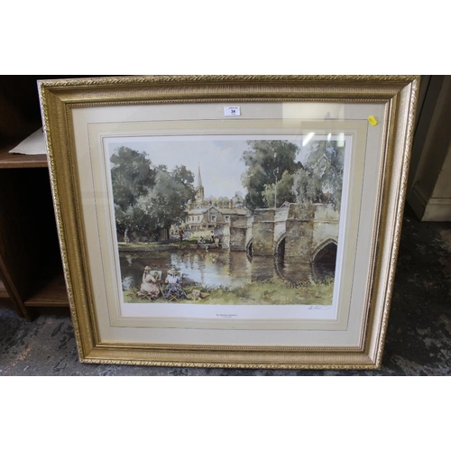 34 - A LARGE GILT FRAMED AND GLAZED SIGNED GILL STURGEON PRINT ENTITLED 'BY THE WYE, BAKEWELL' - H 52 CM ... 