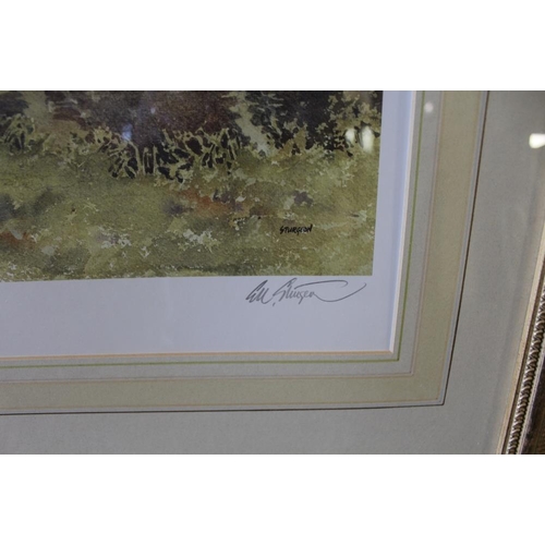 34 - A LARGE GILT FRAMED AND GLAZED SIGNED GILL STURGEON PRINT ENTITLED 'BY THE WYE, BAKEWELL' - H 52 CM ... 