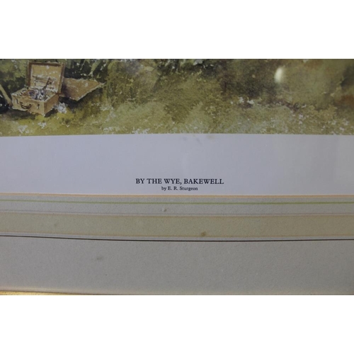 34 - A LARGE GILT FRAMED AND GLAZED SIGNED GILL STURGEON PRINT ENTITLED 'BY THE WYE, BAKEWELL' - H 52 CM ... 