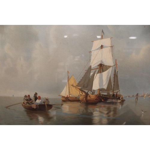 38 - A PAIR OF GILT FRAMED AND GLAZED CONTINENTAL WATERCOLOURS OF BOATS ON THE SEA - H 34.5 CM W 54.5 CM