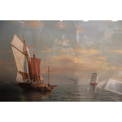 38 - A PAIR OF GILT FRAMED AND GLAZED CONTINENTAL WATERCOLOURS OF BOATS ON THE SEA - H 34.5 CM W 54.5 CM