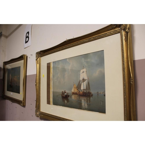 38 - A PAIR OF GILT FRAMED AND GLAZED CONTINENTAL WATERCOLOURS OF BOATS ON THE SEA - H 34.5 CM W 54.5 CM