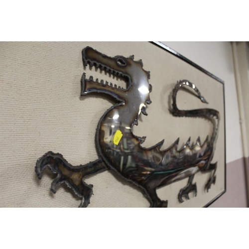 39 - A FRAME MOUNTED METAL CUTTING OF A DRAGON SIGNED NEIL GOW LOWER RIGHT - OVERALL W 93 CM H 48 CM