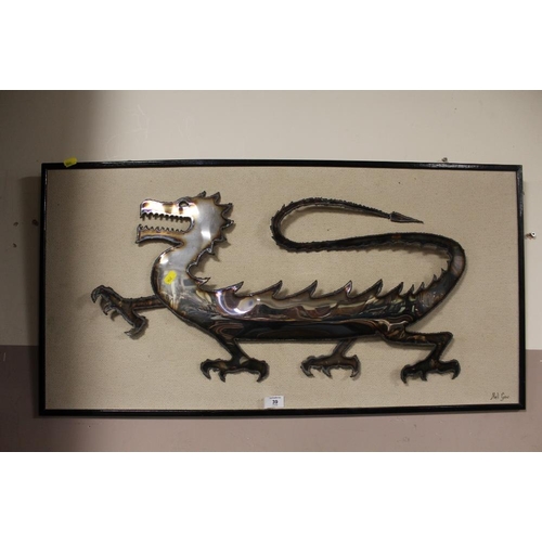 39 - A FRAME MOUNTED METAL CUTTING OF A DRAGON SIGNED NEIL GOW LOWER RIGHT - OVERALL W 93 CM H 48 CM