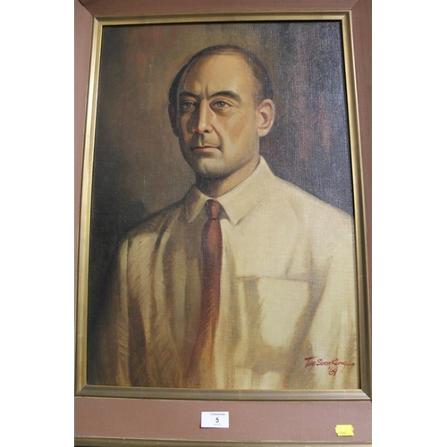 5 - A FRAMED OIL ON BOARD PORTRAIT OF A MAN SIGNED LOWER RIGHT TAN SOEN KIONG '69? - H 59 CM W 41 CM