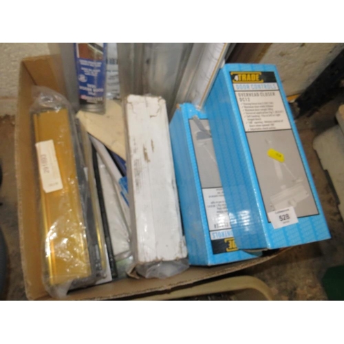 528 - A QUANTITY OF KITCHEN DOOR HINGES, BOXED DOOR CLOSURES. LETTER BOXES AND DRAUGHT SEALS ETC