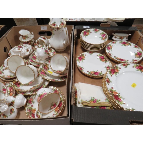 54 - TWO TRAYS OF ROYAL ALBERT OLD COUNTRY ROSES TEA AND DINNERWARE TO INCLUDE A COFFEE POT, CUPS & SAUCE... 