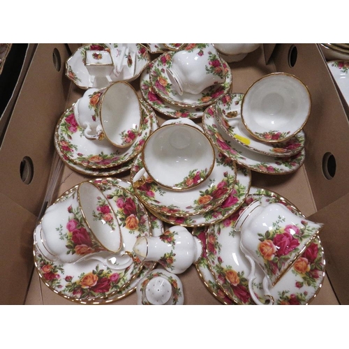 54 - TWO TRAYS OF ROYAL ALBERT OLD COUNTRY ROSES TEA AND DINNERWARE TO INCLUDE A COFFEE POT, CUPS & SAUCE... 