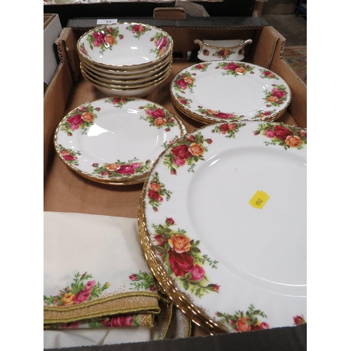 54 - TWO TRAYS OF ROYAL ALBERT OLD COUNTRY ROSES TEA AND DINNERWARE TO INCLUDE A COFFEE POT, CUPS & SAUCE... 