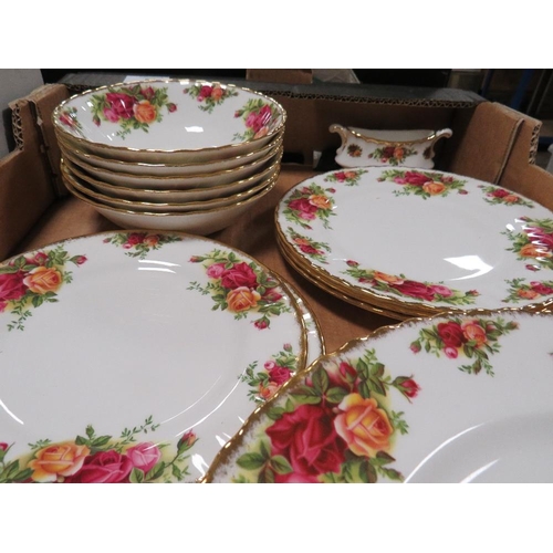 54 - TWO TRAYS OF ROYAL ALBERT OLD COUNTRY ROSES TEA AND DINNERWARE TO INCLUDE A COFFEE POT, CUPS & SAUCE... 