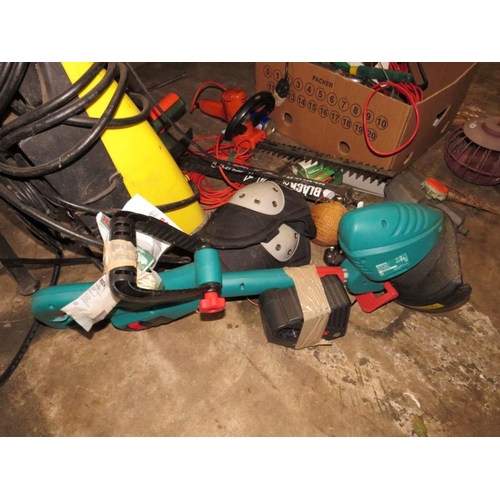 554 - A LARGE SELECTION OF GARDEN POWER TOOLS, VARIOUS OTHER GARDEN TOOLS AND RELATED HARDWARE