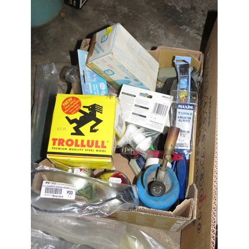 555 - TWO BOXES CONTAINING VARIOUS HOUSEHOLD MAINTENANCE HARDWARE AND TOOLS