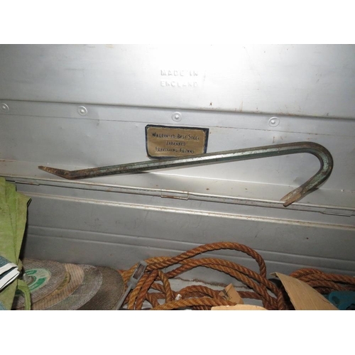 565 - A LARGE STEEL FRAMED TRAVELLING TRUNK WITH ROPE, CROWBAR ETC