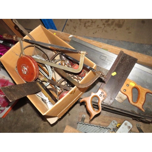 566 - VARIOUS HAND SAWS, MITRE TOOL AND CARPENTERS TOOLS