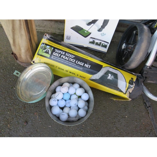 569 - A SET OF VINTAGE GOLF CLUBS, POWAKADDY TWINLINE 1 GOLF TROLLEY, CATCH NET, MAT AND BALLS