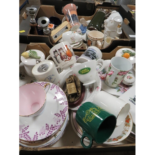 58 - THREE TRAYS OF ASSORTED CERAMICS AND COLLECTABLES ETC TO INC LAND ROVER THEMED ITEMS & A QUANTITY OF... 