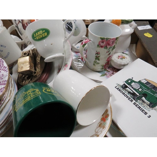 58 - THREE TRAYS OF ASSORTED CERAMICS AND COLLECTABLES ETC TO INC LAND ROVER THEMED ITEMS & A QUANTITY OF... 