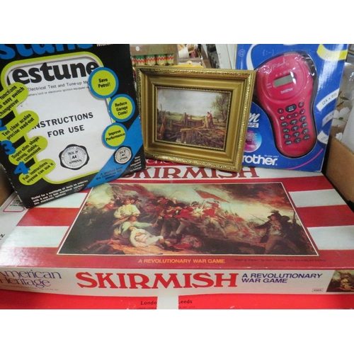 63 - A TRAY OF VINTAGE RETRO PERFUME GIFT SETS ETC TOGETHER WITH A BOX OF VINTAGE GAMES ETC (2)