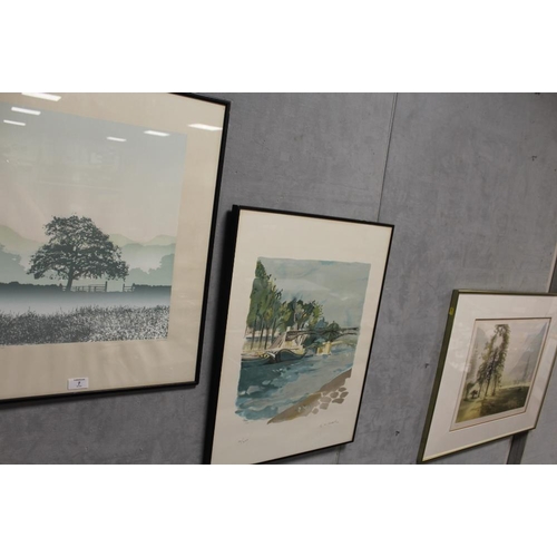 7 - THREE SIGNED LIMITED EDITION PRINTS - TWO LANDSCAPES BY F. HILON AND BOB SAUNDERS AND A RIVER SCENE ... 