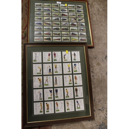 8 - TWO FRAMED AND GLAZED CIGARETTE CARD DISPLAYS - GOLFING AND RAILWAY - A/F