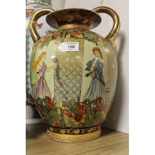 100 - A SELECTION OF SIX MODERN ORIENTAL STYLE ITEMS COMPRISING THREE FIGURES AND THREE VASES OF ASSORTED ... 