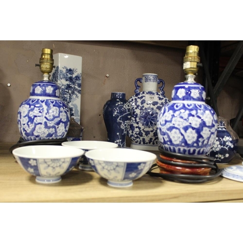 101 - A SELECTION OF MODERN ORIENTAL STYLE BLUE AND WHITE CERAMICS TO INCLUDE TWO SMALL LIDDED GINGER JARS... 