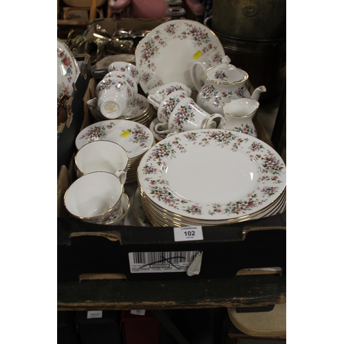 102 - A TRAY OF ROYAL GRAFTON SUMMER MELODY TEA AND DINNER WARE TO INCLUDE PART TEASET