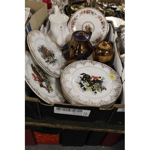 103 - A TRAY OF ASSORTED CERAMICS TO INCLUDE A SET OF HUNTING THEMED CABINET PLATES, VARIOUS TEAPOTS ETC