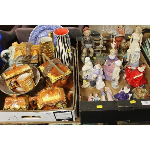 106 - A TRAY OF ASSORTED FIGURINES TOGETHER WITH A TRAY OF COTTAGEWARE  ETC TO INCLUDE A BESWICK VASE HAVI... 