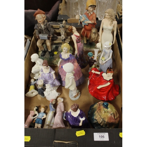 106 - A TRAY OF ASSORTED FIGURINES TOGETHER WITH A TRAY OF COTTAGEWARE  ETC TO INCLUDE A BESWICK VASE HAVI... 