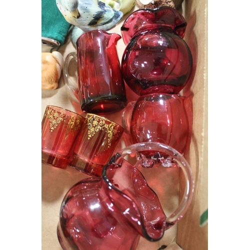 109 - A TRAY OF ASSORTED GLASSWARE AND CERAMICS TO INCLUDE CRANBERRY GLASS, SZEILER DOG ETC