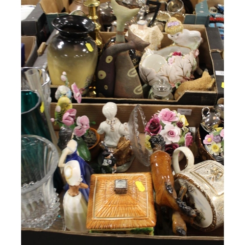 112 - TWO TRAYS OF ASSORTED CERAMICS AND GLASSWARE TO INCLUDE AYNSLEY, BESWICK COTTAGEWARE, BRASS CANDLEST... 