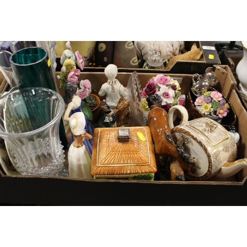 112 - TWO TRAYS OF ASSORTED CERAMICS AND GLASSWARE TO INCLUDE AYNSLEY, BESWICK COTTAGEWARE, BRASS CANDLEST... 