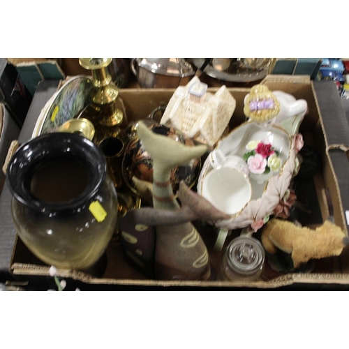 112 - TWO TRAYS OF ASSORTED CERAMICS AND GLASSWARE TO INCLUDE AYNSLEY, BESWICK COTTAGEWARE, BRASS CANDLEST... 