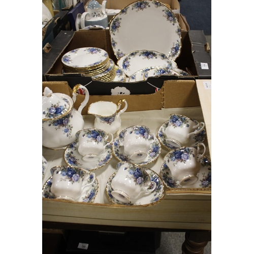 114 - TWO TRAYS OF ROYAL ALBERT MOONLIGHT ROSE PATTERN TEA AND DINNERWARE COMPRISING APPROXIMATELY AN SIX ... 