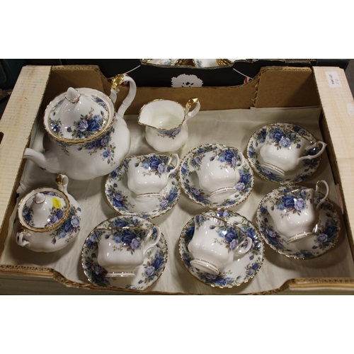 114 - TWO TRAYS OF ROYAL ALBERT MOONLIGHT ROSE PATTERN TEA AND DINNERWARE COMPRISING APPROXIMATELY AN SIX ... 