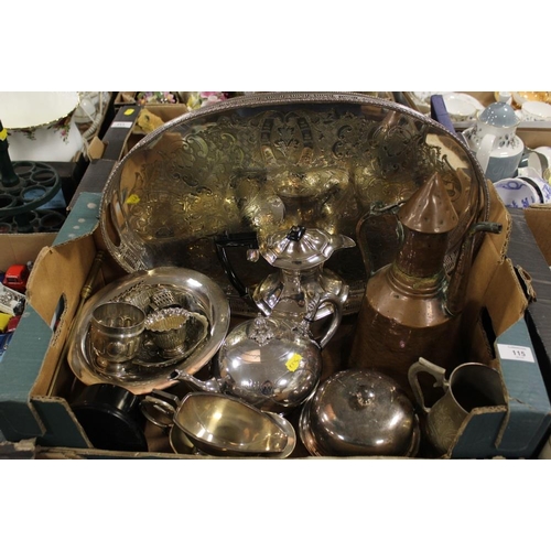 115 - A TRAY OF ASSORTED METALWARE TO INCLUDE A TEA POT, COFFEE POT, SAUCE BOATS, EASTERN STYLE COPPER LID... 