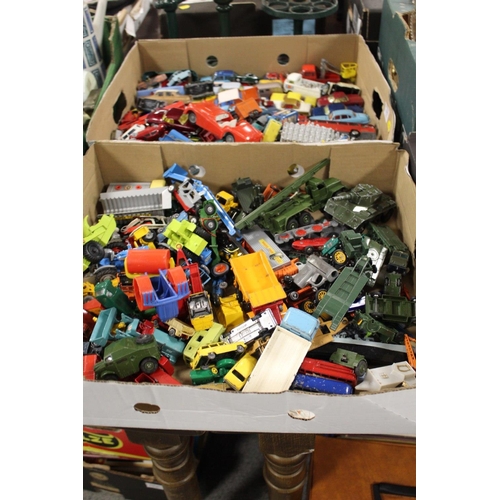 117 - TWO TRAYS OF DIECAST CARS, MILITARY VEHICLES, TRUCKS AND BUSES ETC, MAINLY CORGI AND MATCHBOX