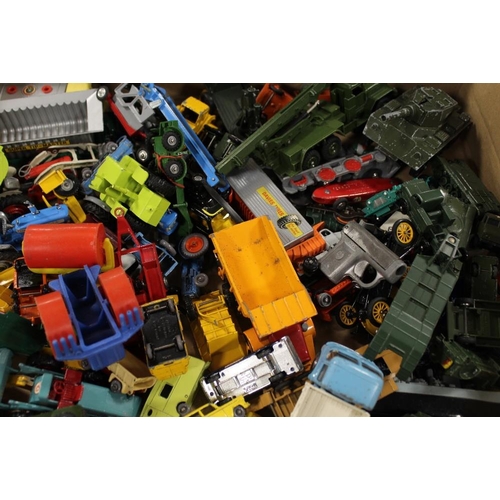 117 - TWO TRAYS OF DIECAST CARS, MILITARY VEHICLES, TRUCKS AND BUSES ETC, MAINLY CORGI AND MATCHBOX