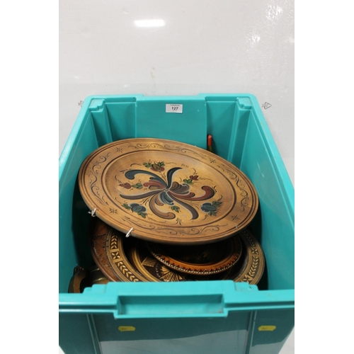 127 - A BOX OF TREEN ITEMS TO INCLUDE DECORATIVE TRAYS ETC