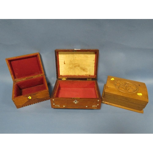 173 - THREE DECORATIVE WOODEN BOXES TO INCLUDE AN I LAID MOTHER OF PEARL EXAMPLE