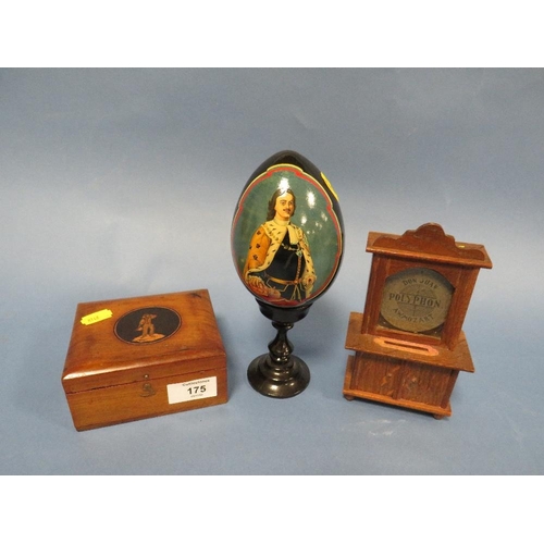 175 - A SMALL REPRODUCTION POLYPHON, A RUSSIAN PAINTED EGG ON STAND TOGETHER WITH A SMALL INLAID BOX